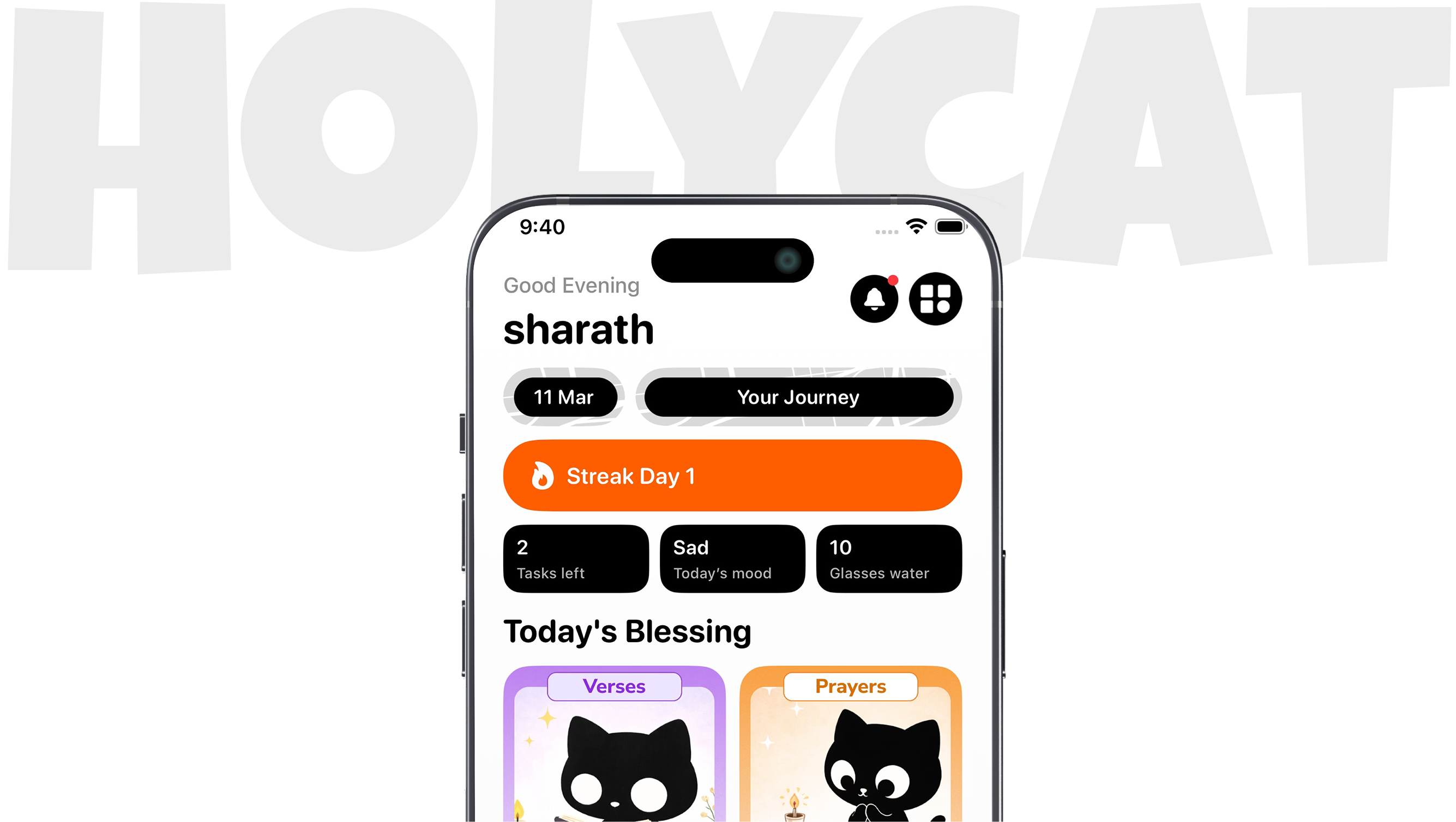 Holycat app on phone with HOLYCAT branding